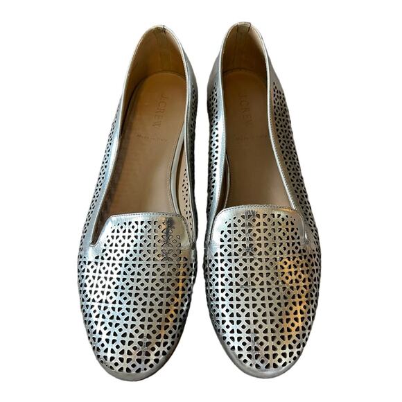 J Crew 9.5 Silver Metallic Lasercut Italian LEATHER Ballet Flats Slip On Loafers - Picture 3 of 10